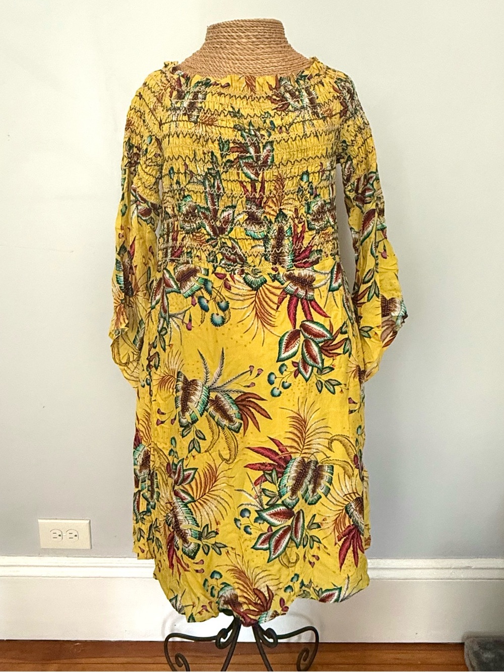 FARM Rio Yellow Floral Smocked Midi Dress